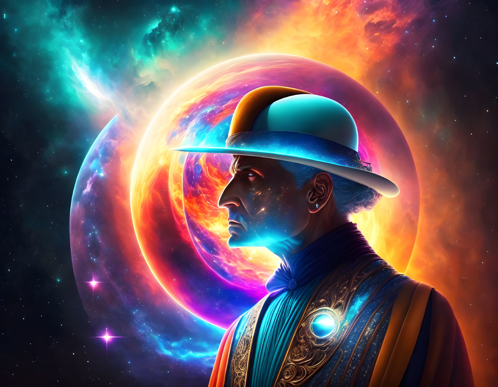 Colorful digital artwork: Man in profile with cosmic background, surreal planets and stars.