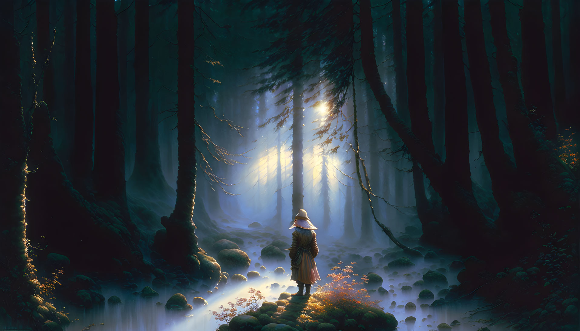 Mystical forest scene with lone figure, towering trees, fog, and sunbeams