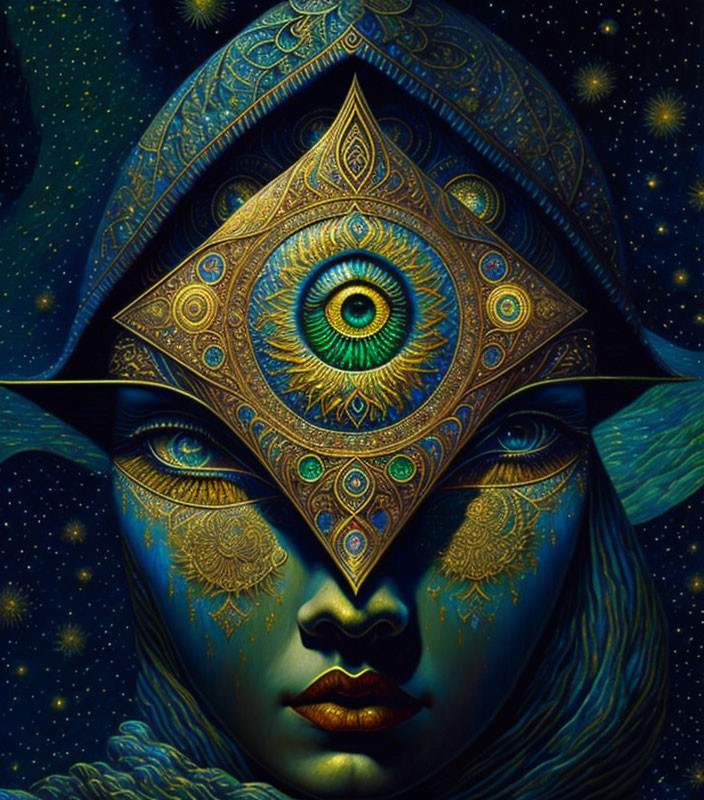 Blue-skinned face with third eye in golden triangle among stars