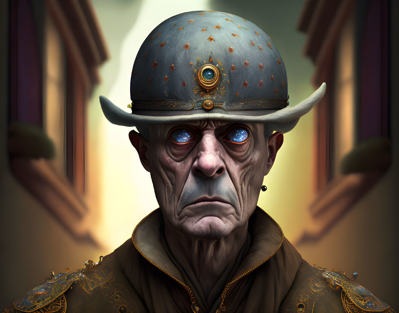 Elderly man with stern face in military hat, sad blue eyes