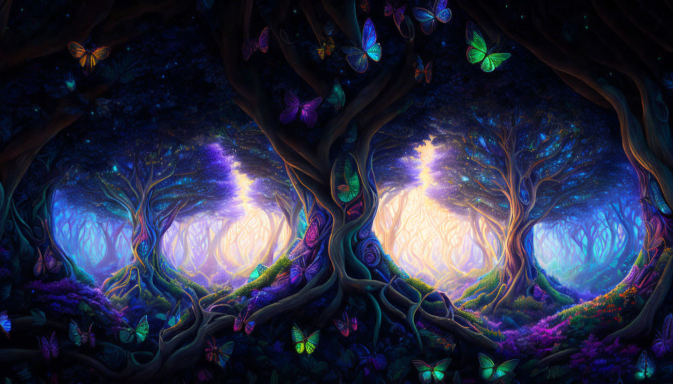 Enchanted forest with glowing trees, intertwining roots, and colorful butterflies