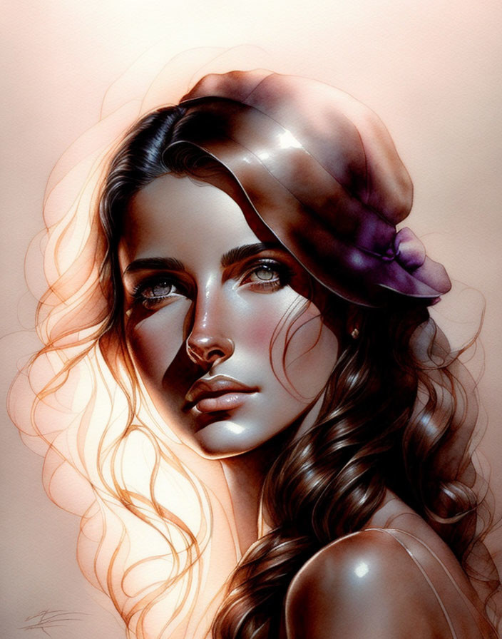 Woman with Wavy Hair and Translucent Hat Digital Painting