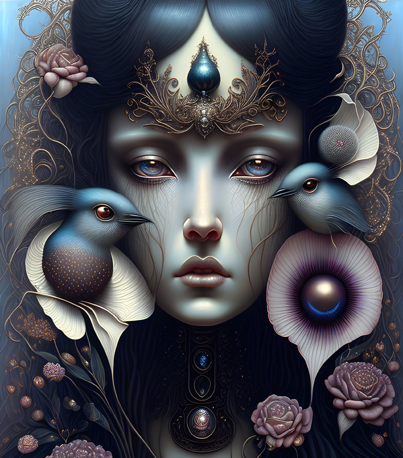 Surreal artwork: Woman's face with birds, jewels, and florals