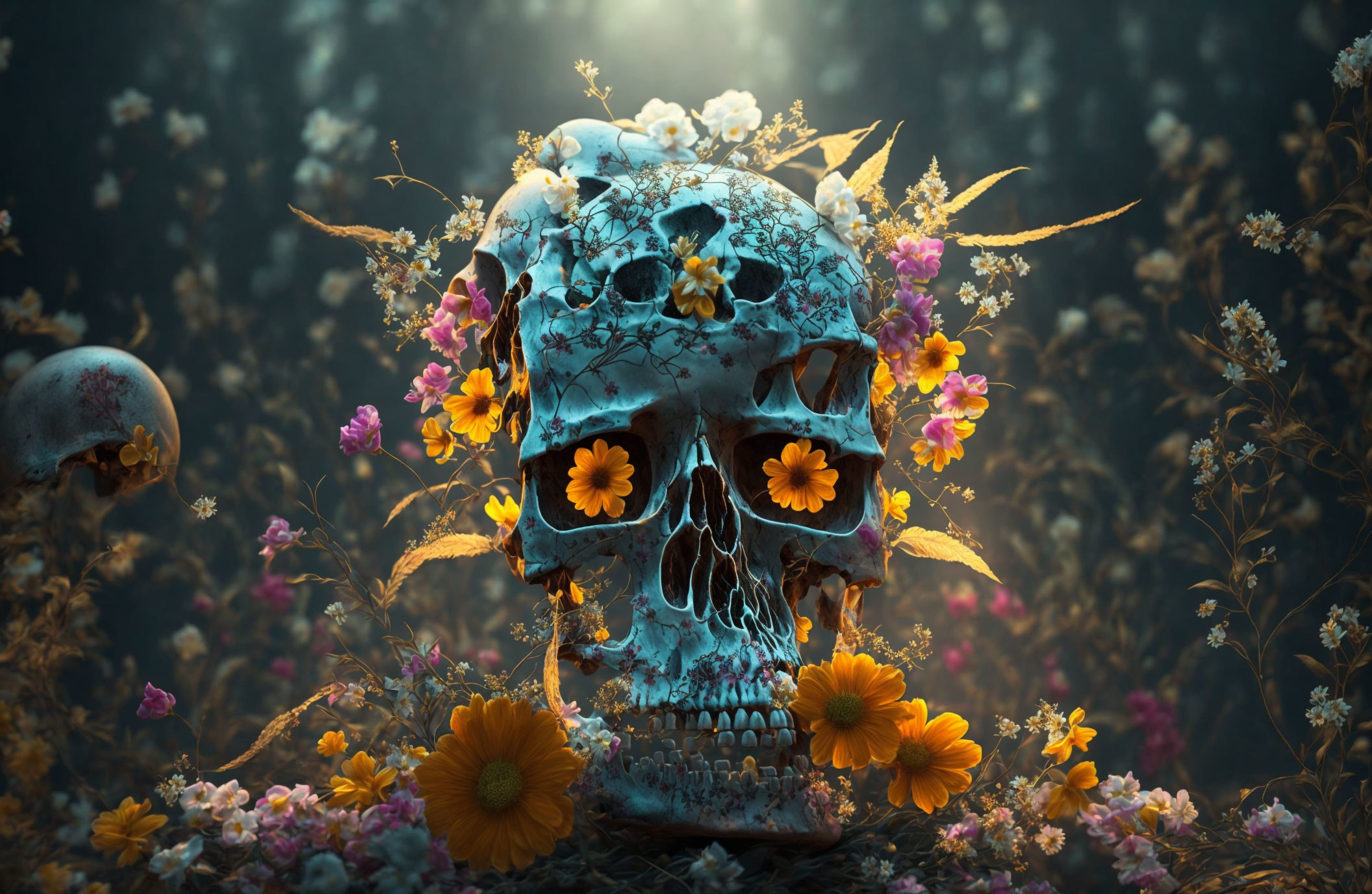 Skull with flowers and ivy in mystical forest scene