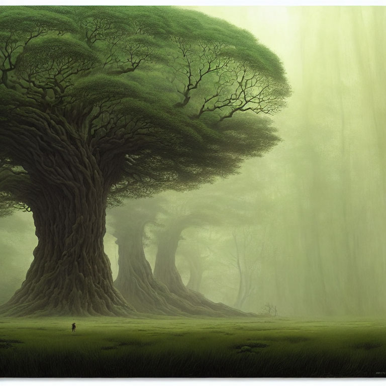 Person in Enchanted Green Forest with Giant Trees