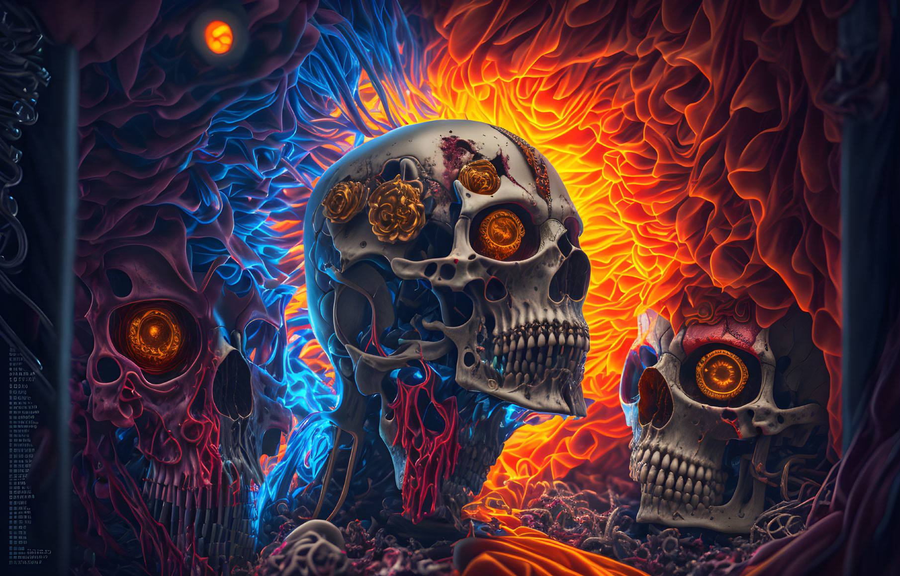 Digital Art: Three Skulls with Glowing Eyes in Abstract Setting