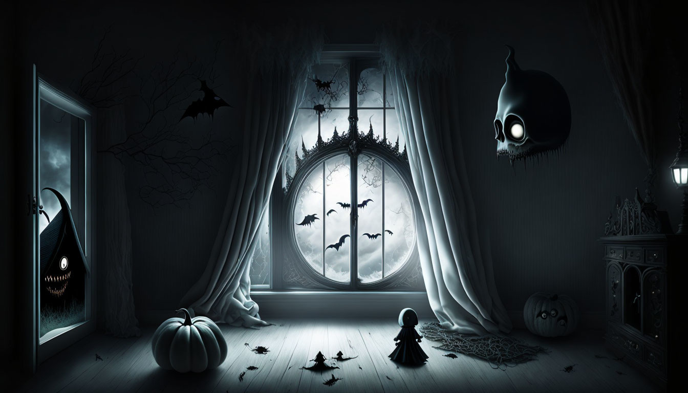 Dimly-lit room with full moon, bats, Halloween decorations, and small figure