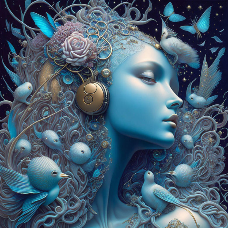 Illustration of woman with blue skin and headphones surrounded by birds and floral patterns