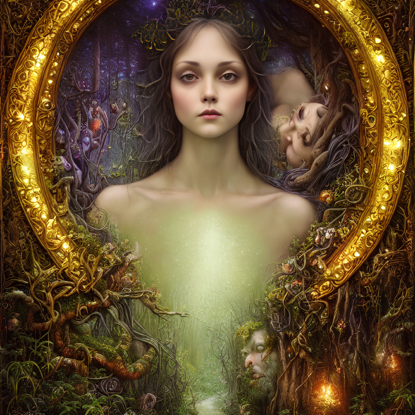 Mystical woman portrait in gold frame with nature elements and ethereal glow