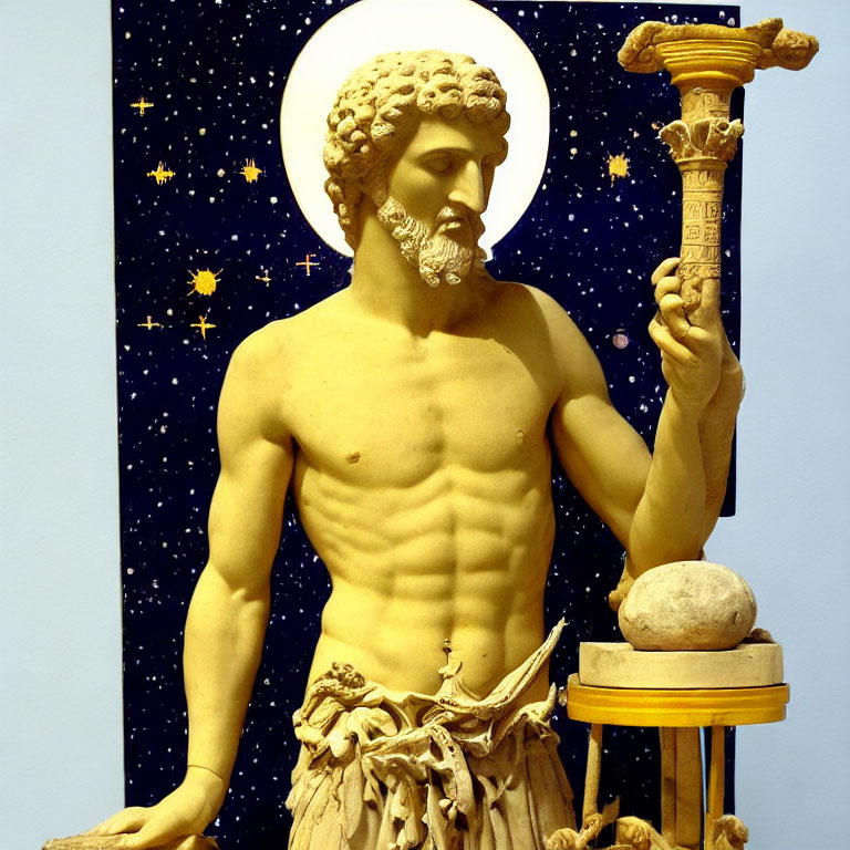 Bearded male statue with staff in front of starry backdrop