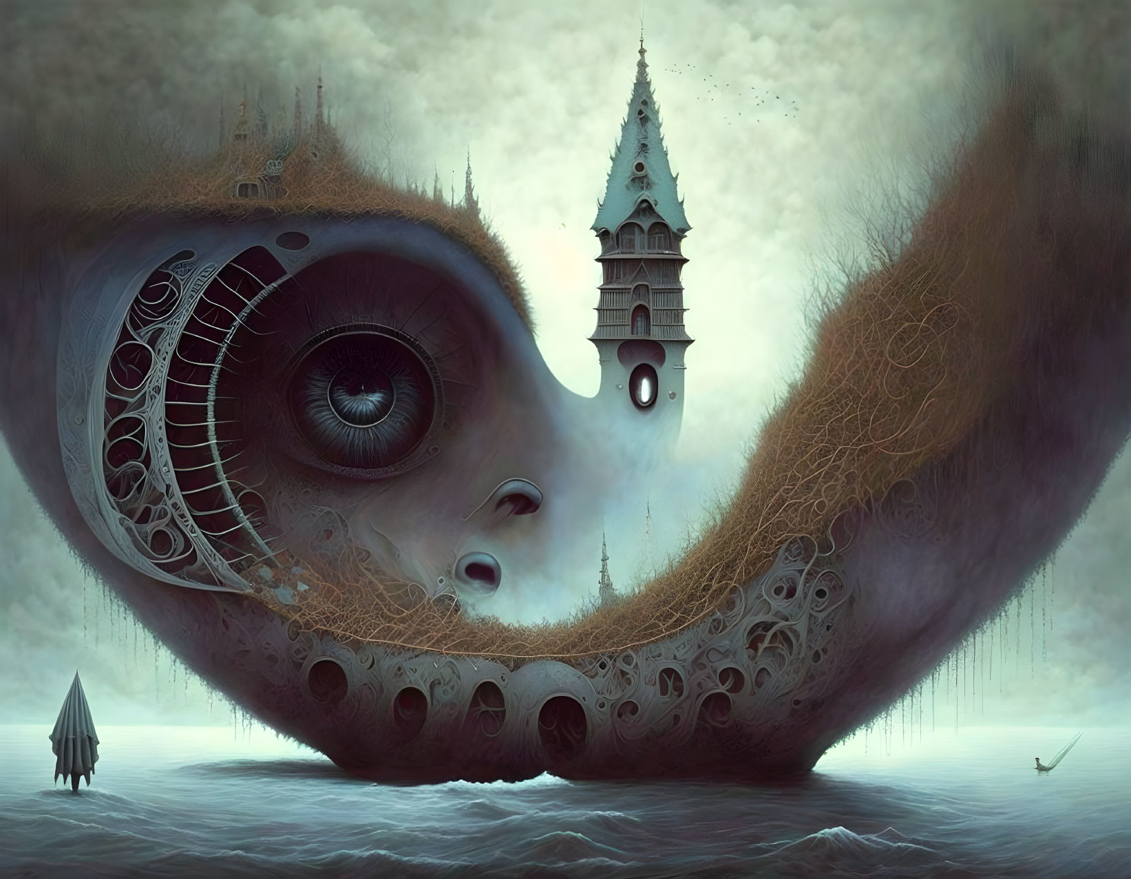 Surreal landscape with eye-shaped landmass, spire, tree, and boat