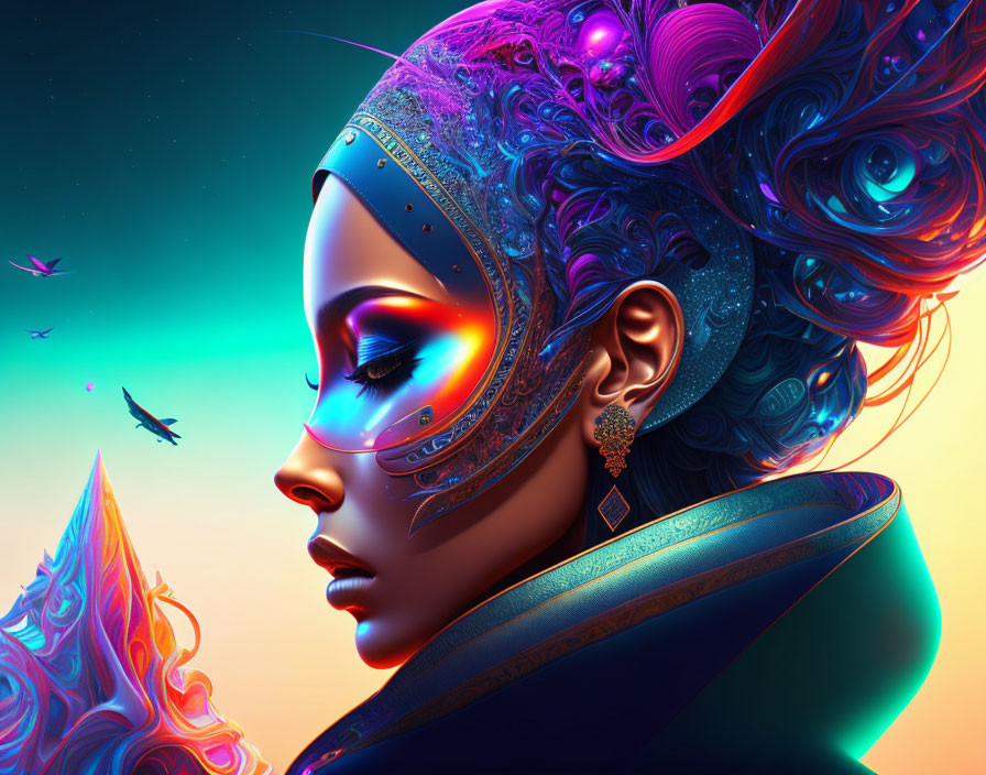 Colorful digital artwork of a woman with futuristic headgear and radiant skin