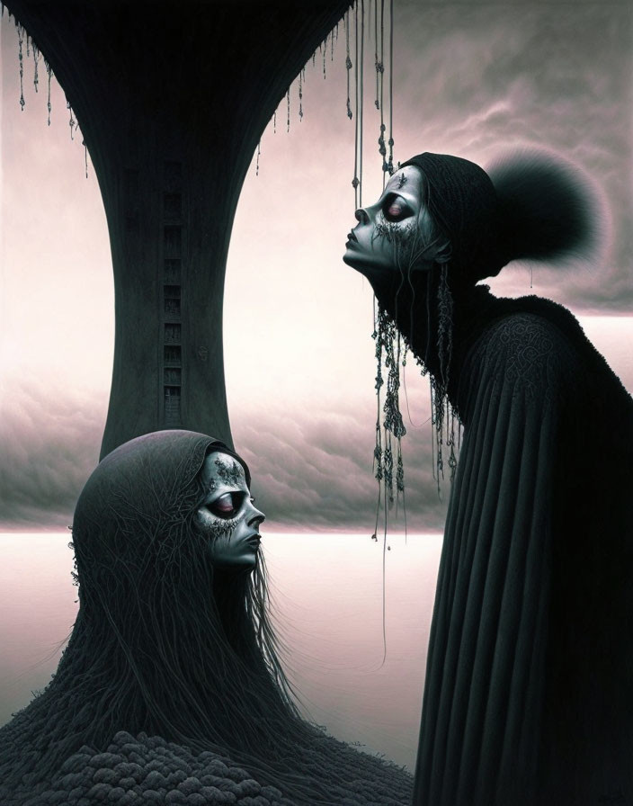 Gothic surrealist painting: Two skull-faced figures, tree, ladder, gloomy sky