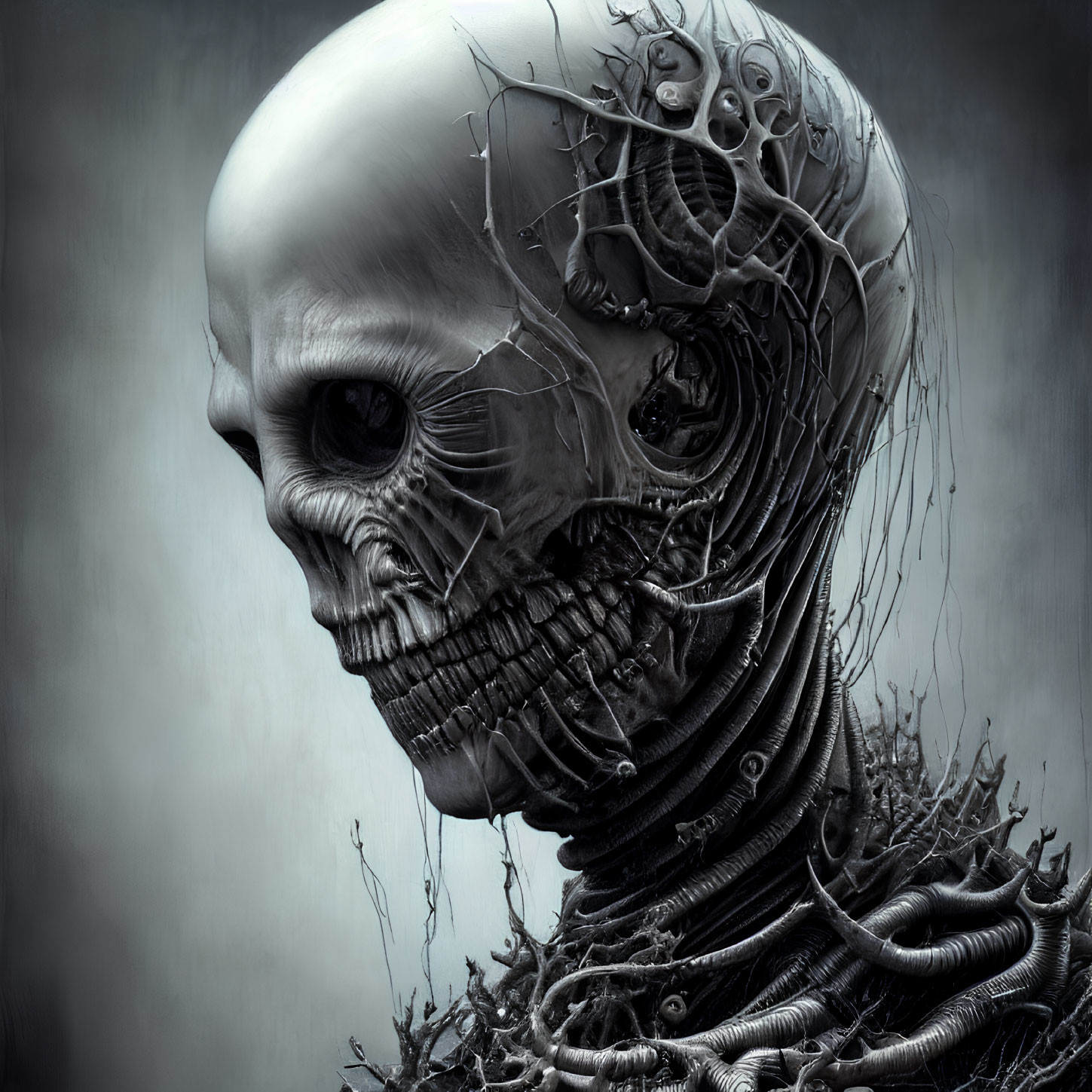 Detailed biomechanical skull artwork with organic and robotic blend on misty backdrop