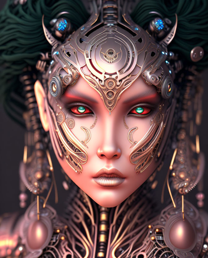 Close-Up of 3D-Rendered Female Figure with Futuristic Metallic Headgear