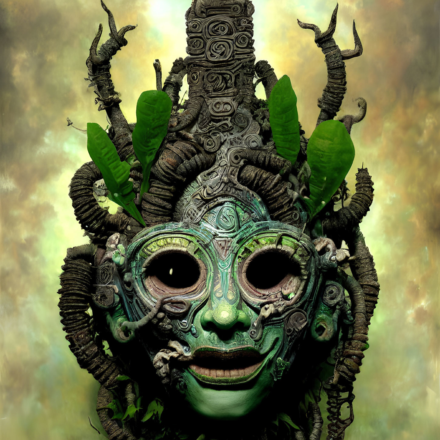 Intricate mystical mask with horns and foliage on surreal cloudy backdrop