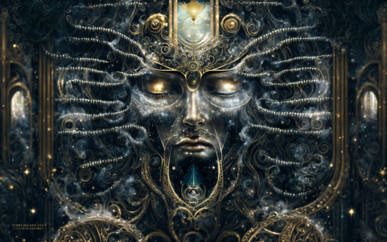 Celestial being digital art: serene face with golden filigree & cosmic motifs.