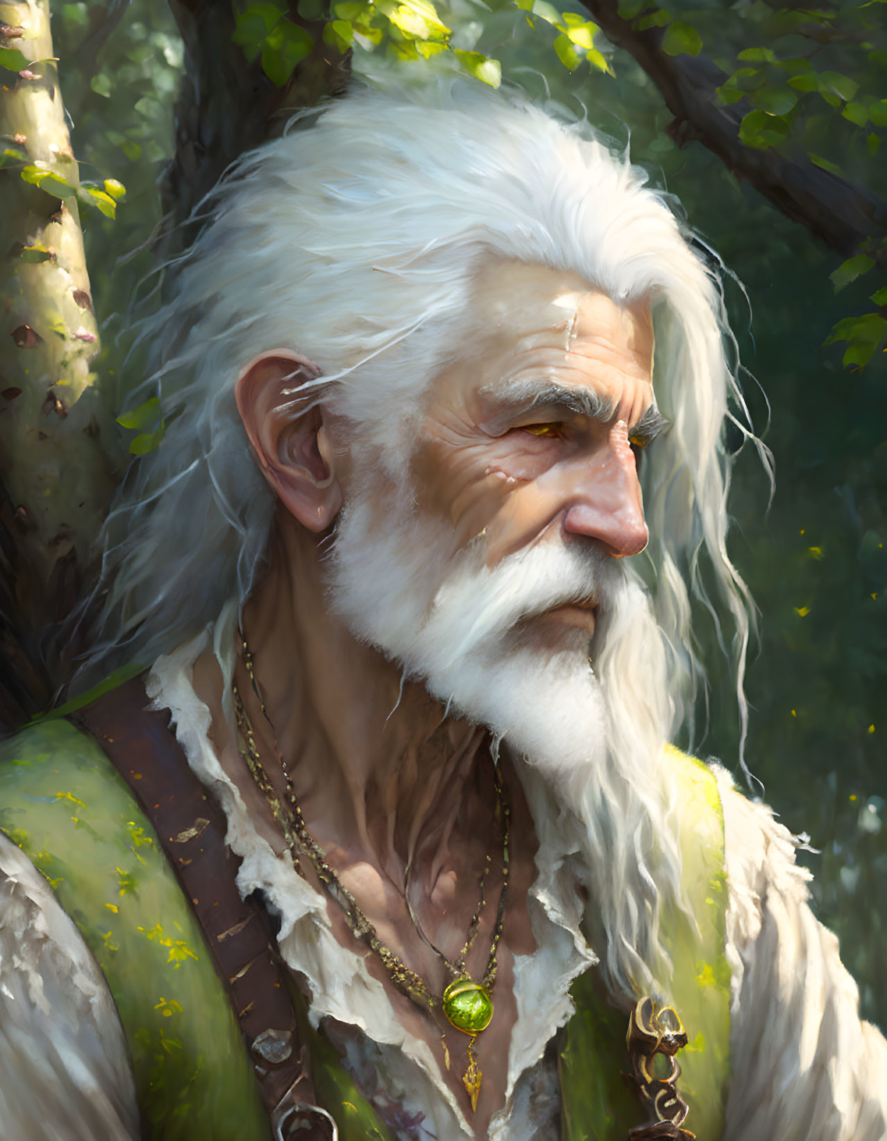 Elderly Man with Long White Hair and Beard in Green Tunic Portrait