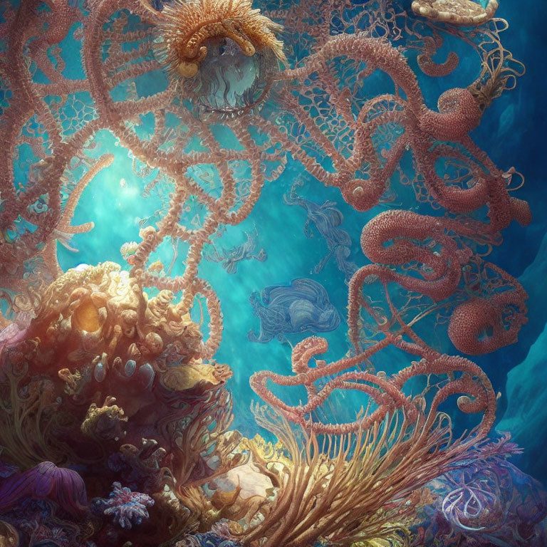 Colorful Underwater Coral Formations and Sea Creatures Displayed in Dreamlike Scene