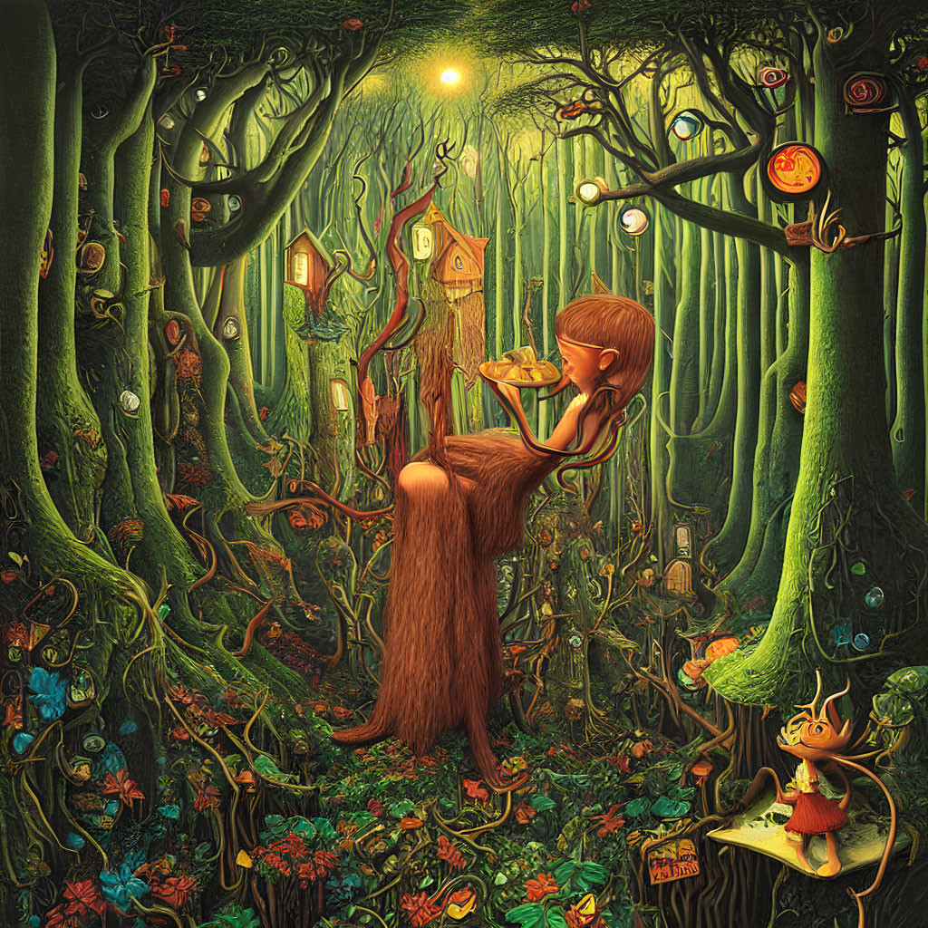 Colorful fantasy forest with girl on branch, luminous plants, tree houses, and small character on