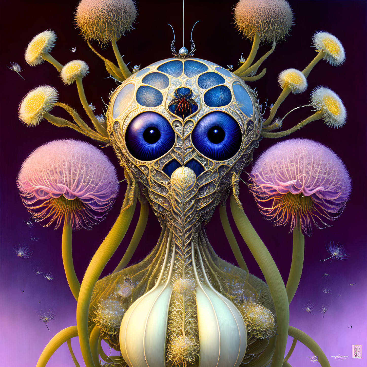 Surreal alien entity with blue eyes and jellyfish-like tendrils on purple background