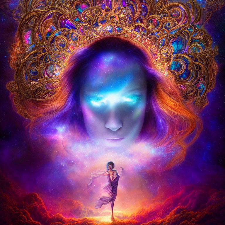 Colorful digital artwork of cosmic entity with woman's face in starry backdrop