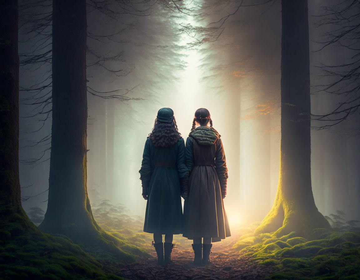 Misty forest scene with two people and sunlight filtering through trees