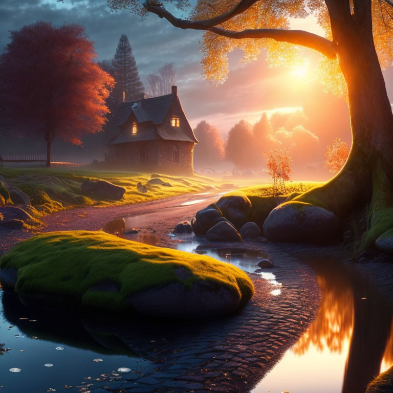 Tranquil countryside sunset with cottage, stream, moss, and autumn trees