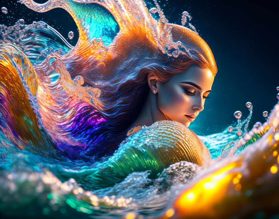 Colorful digital artwork: Woman's flowing hair merges with water