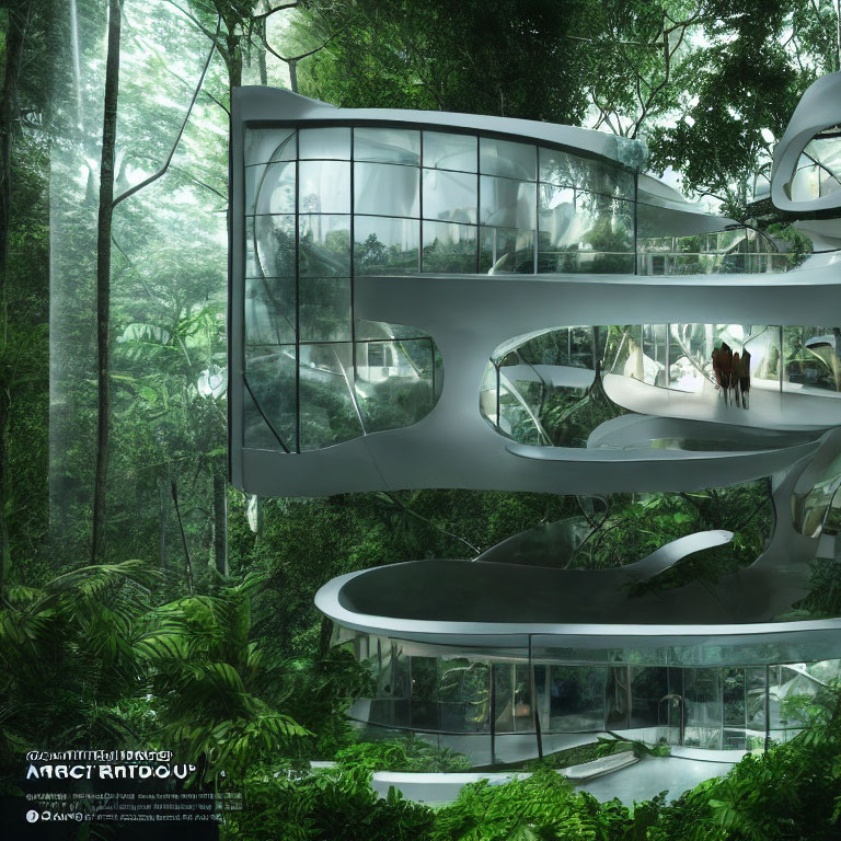 Futuristic building with organic curves and glass panels in misty forest