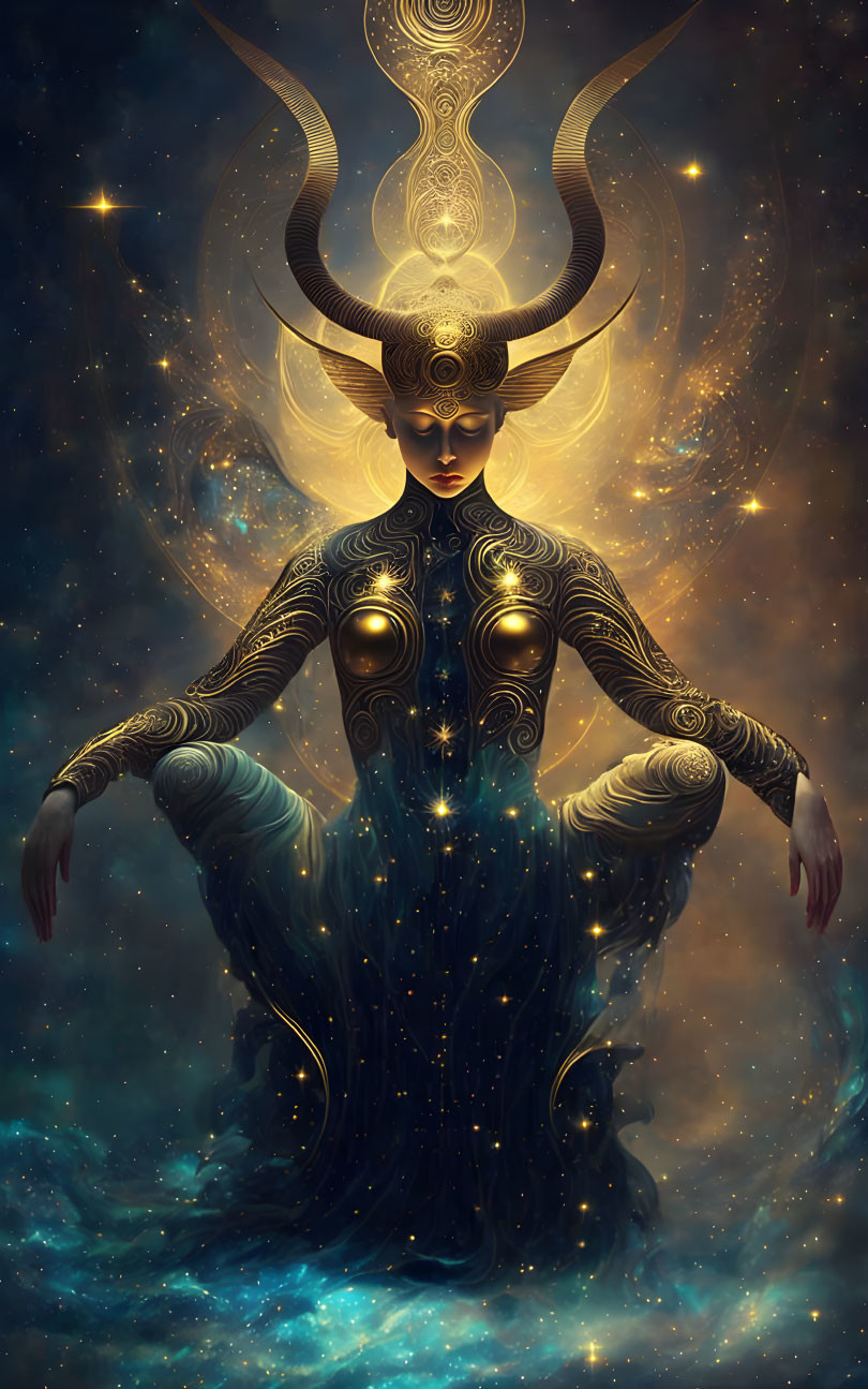 Celestial being with horned headpiece and starry dress in cosmic setting.