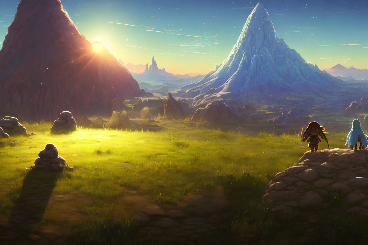 Fantastical landscape with glowing meadow and towering mountains