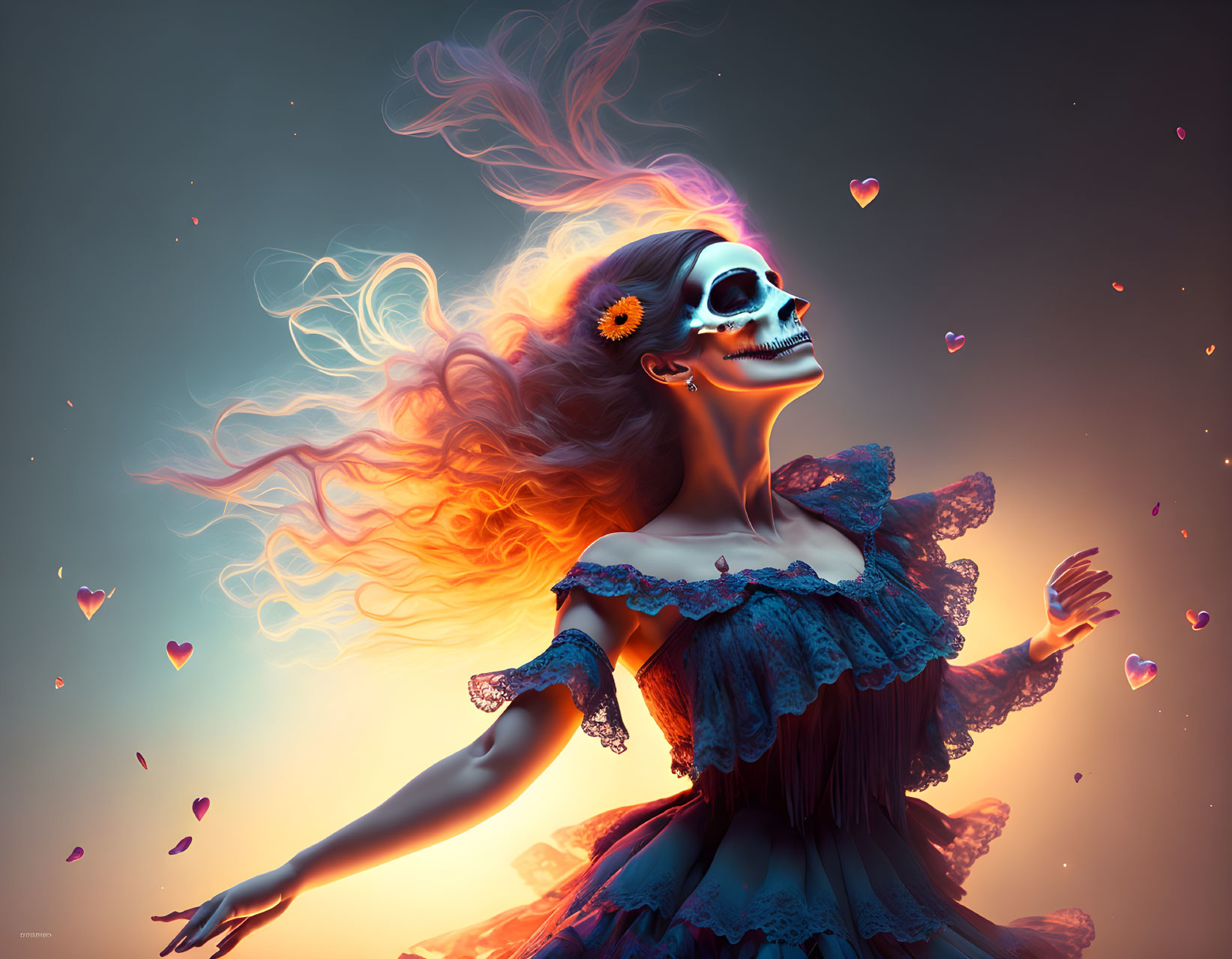 Digital artwork: Woman with Dia de los Muertos skull makeup, fiery hair, blue dress, surrounded