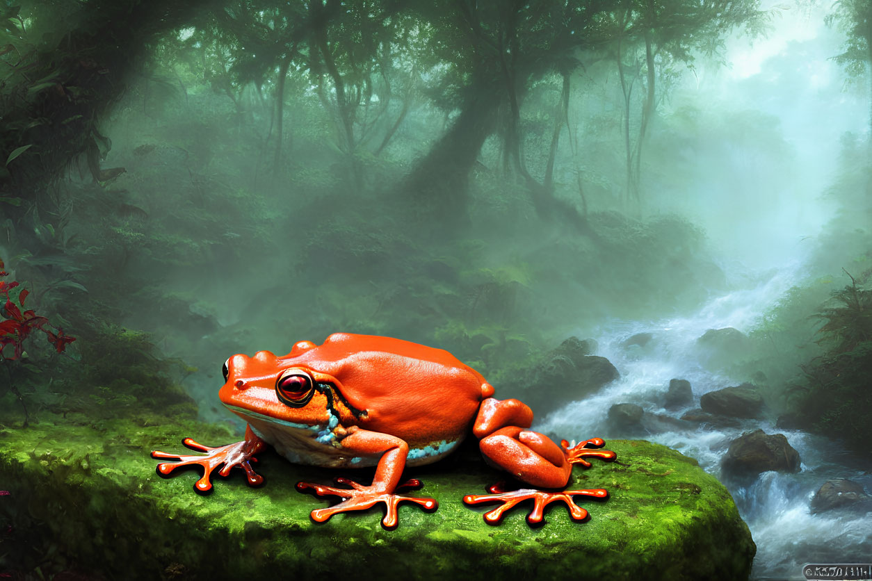 Vibrant Orange Frog on Moss-Covered Rock by Forest Stream