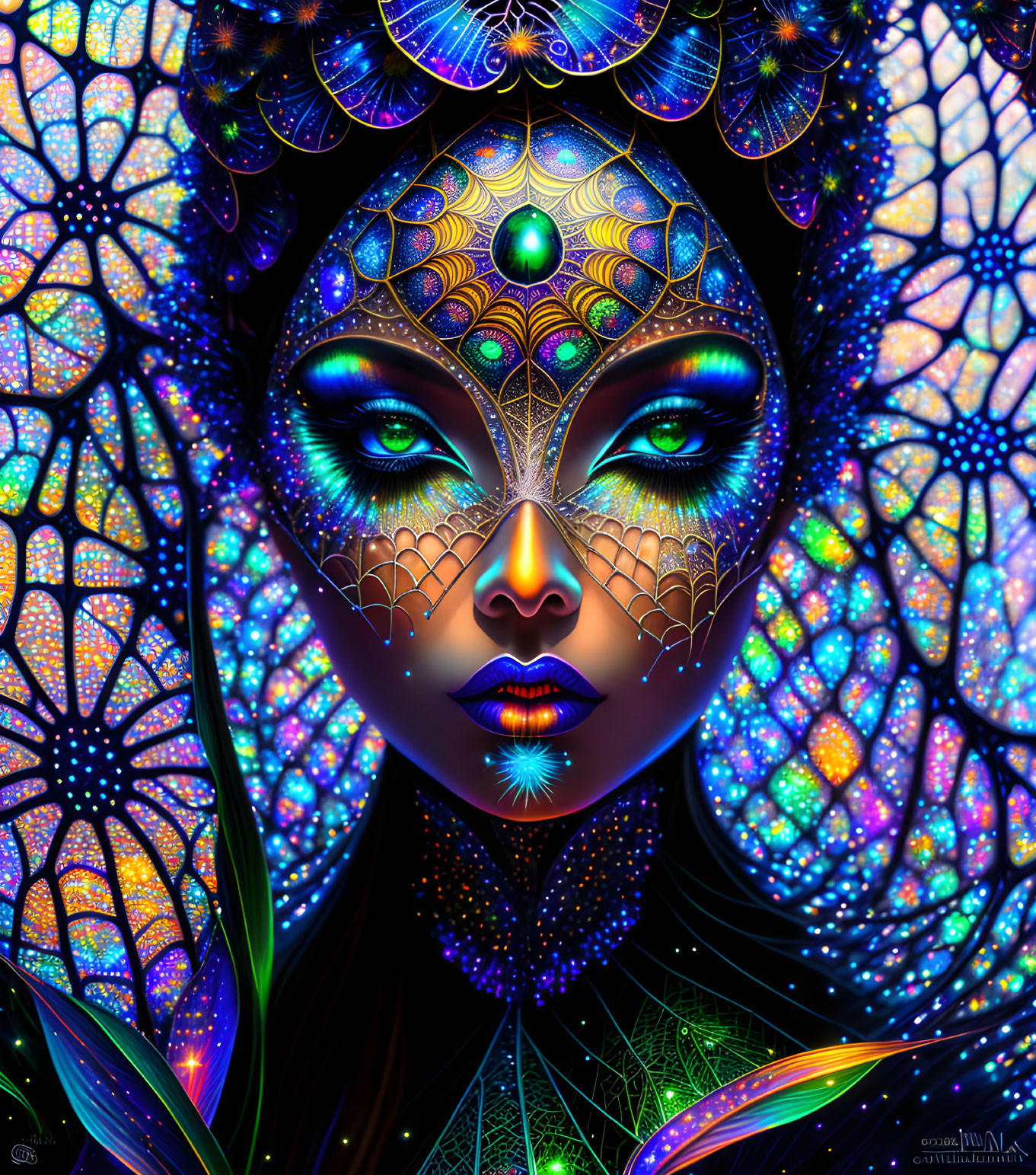 Colorful digital artwork of mystical woman with butterfly wings