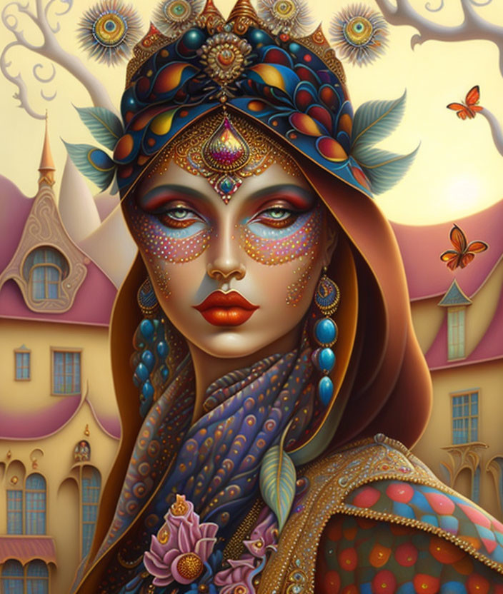 Colorful Illustration of Woman with Elaborate Headwear and Whimsical Background