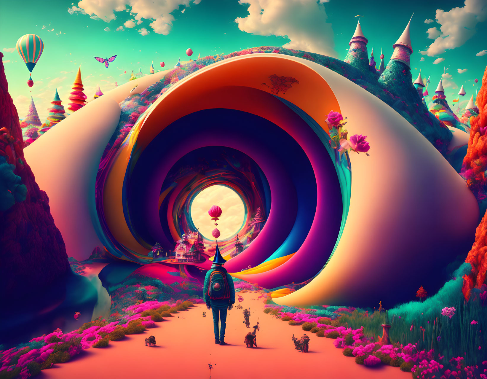 Vibrant surreal landscape with spiral structure, child, trees, and balloons