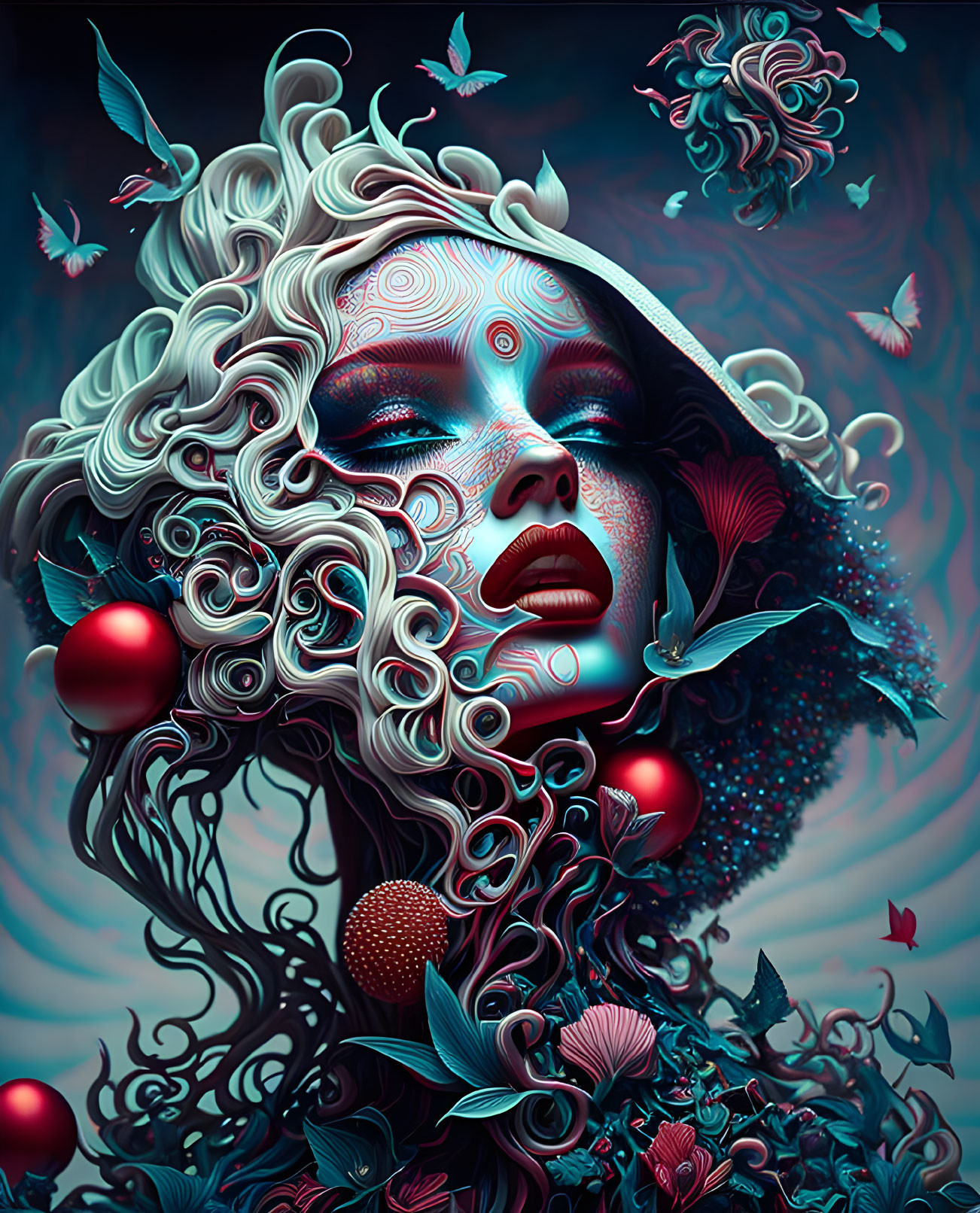 Surreal digital artwork: Woman with intricate patterns, butterflies, flowers, cool hues.