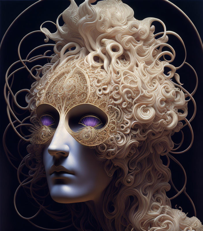 Detailed surreal portrait of figure in intricate mask with swirling hair and purple eyes on dark background