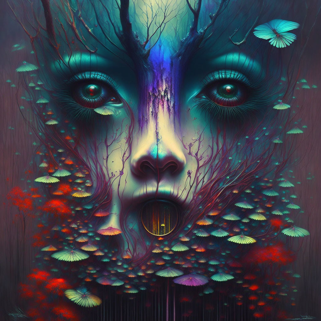 Colorful surreal portrait with intense eyes and butterfly motifs.