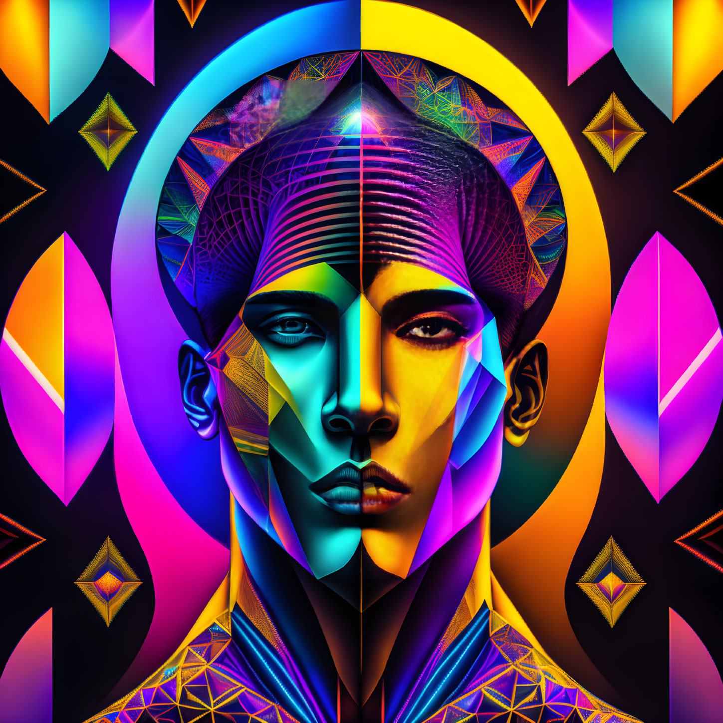 Symmetrical neon face art with geometric patterns on dark backdrop