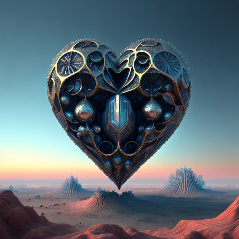 Intricate 3D-Rendered Heart Sculpture with Mechanical Elements in Desert Landscape