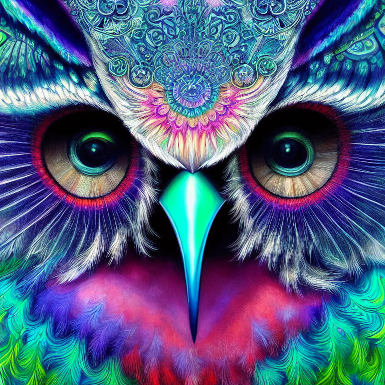 Detailed Close-Up Illustration of Colorful Owl Face with Vivid Feathers