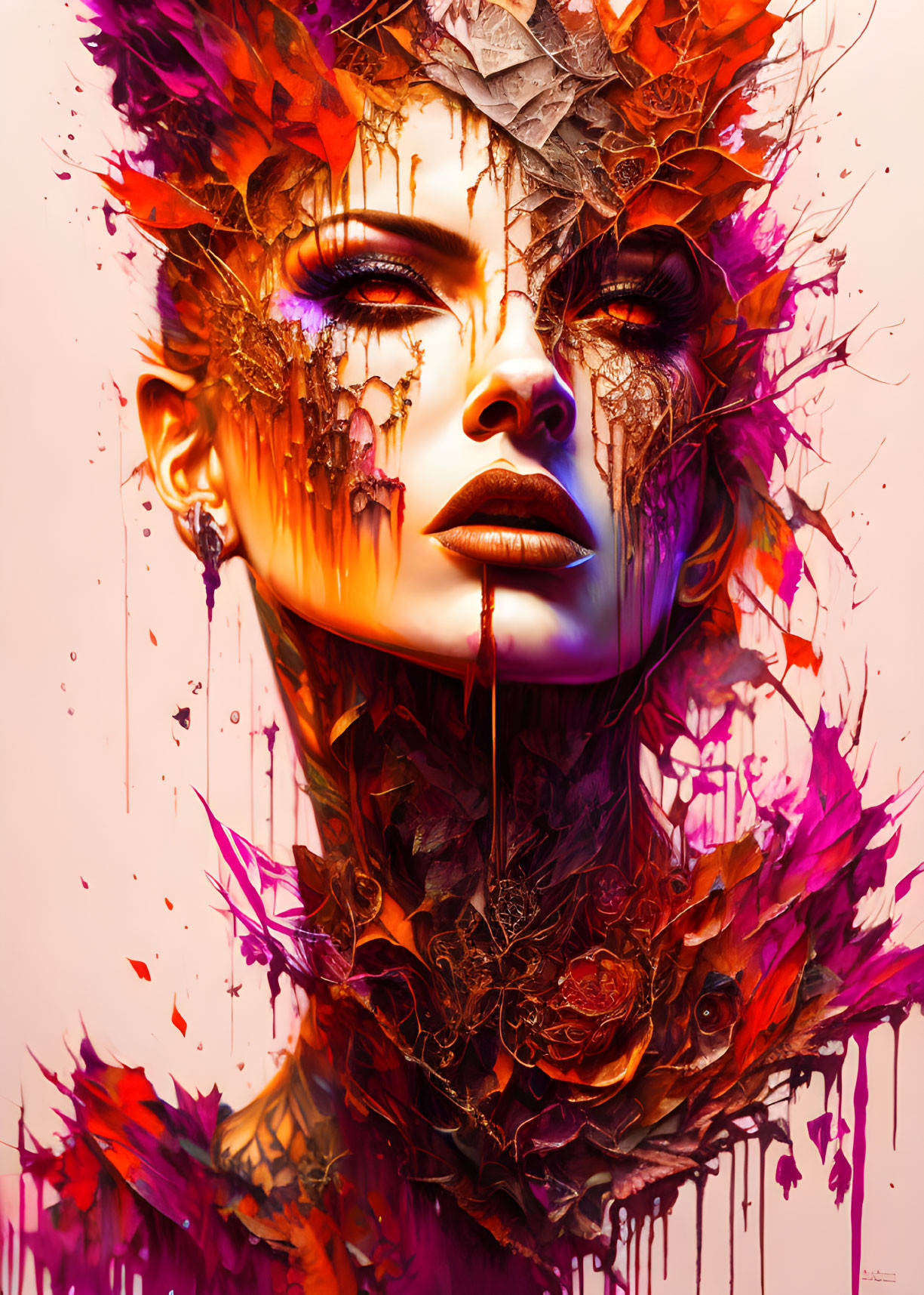 Vibrant fantasy portrait with fiery colors and ornate abstract details