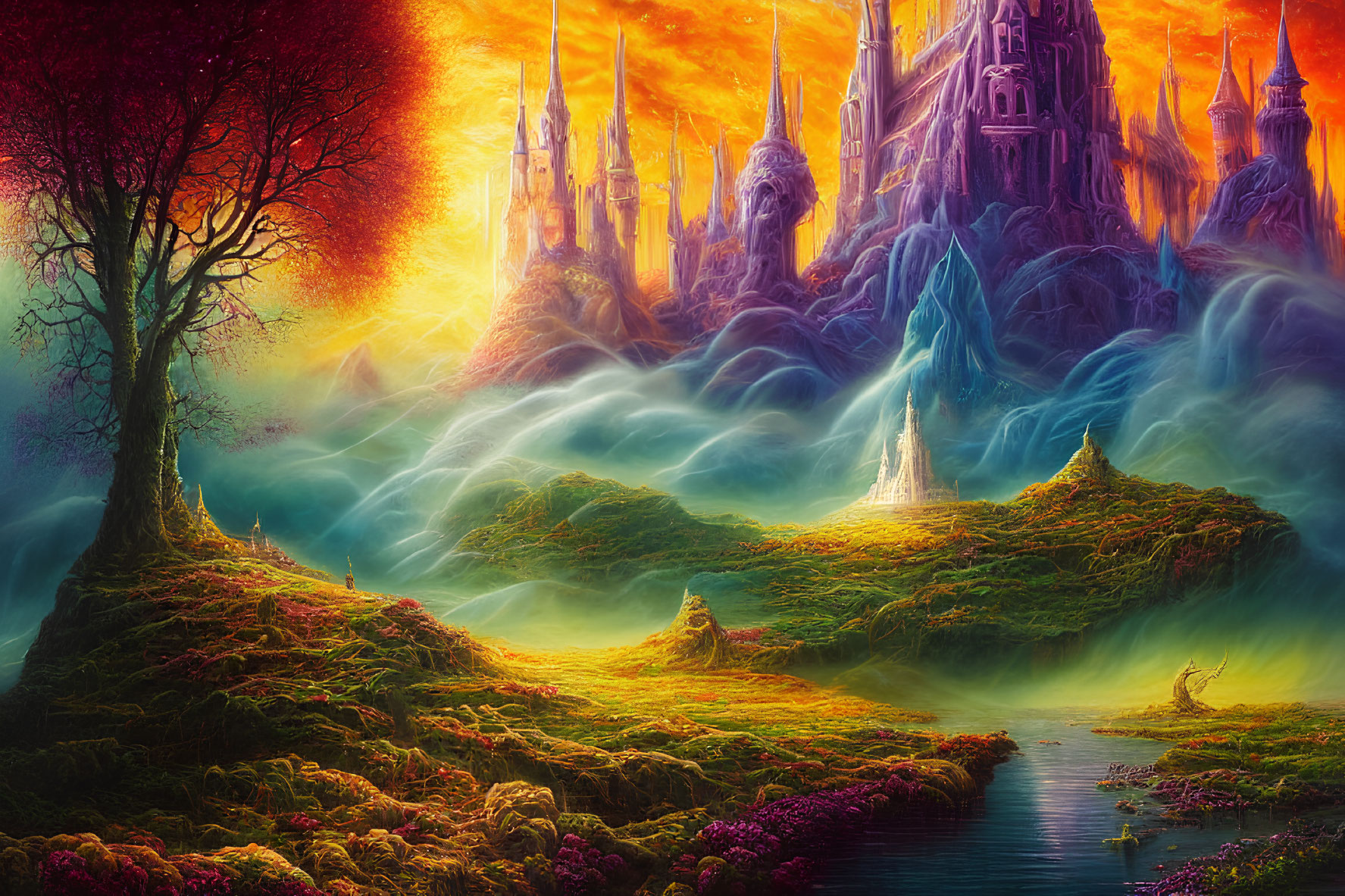 Fantasy landscape with glowing sunset, mystical castle, rivers, hills, and solitary figure.