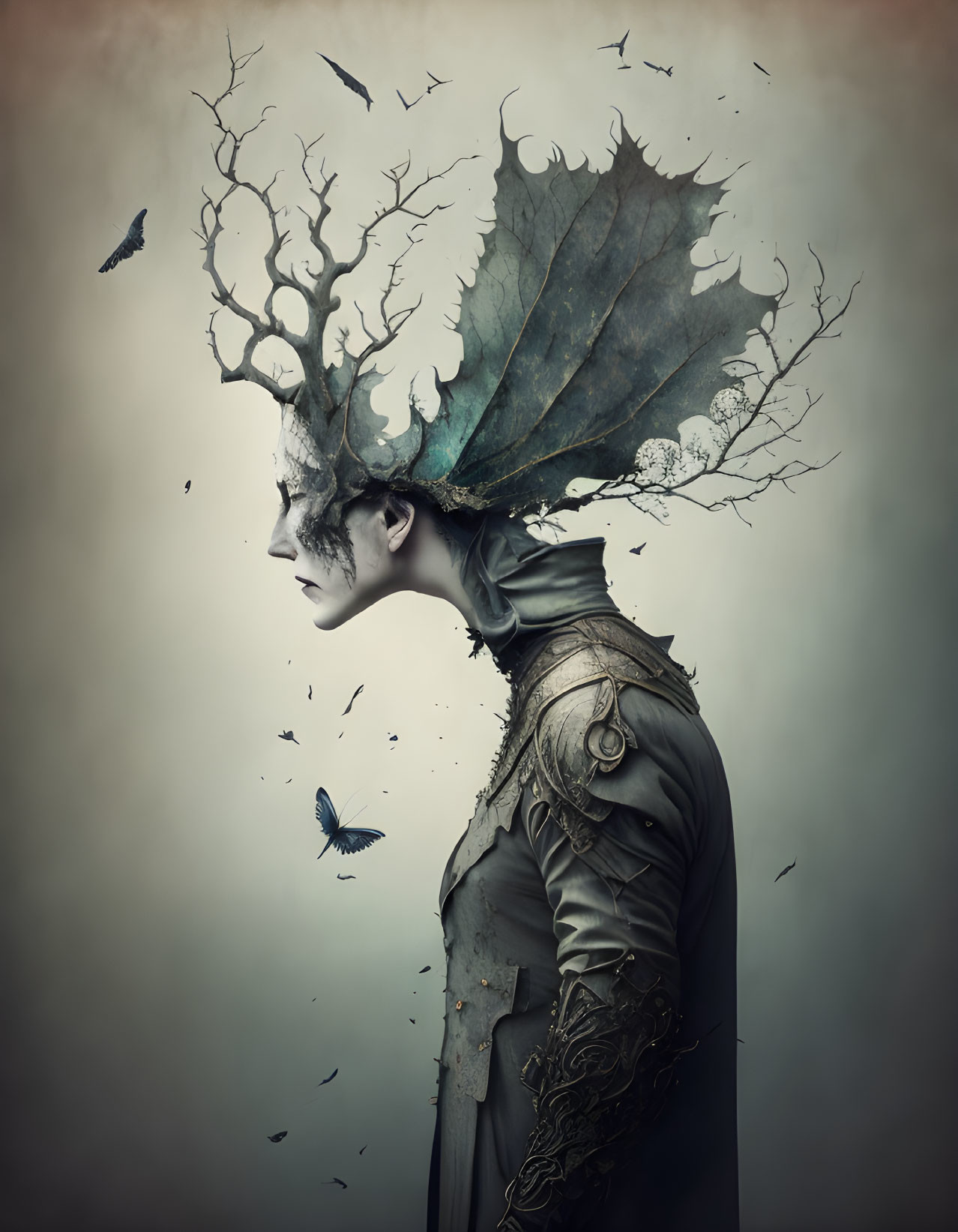 Person with Tree Branch Headdress and Butterflies: Surreal Portrait