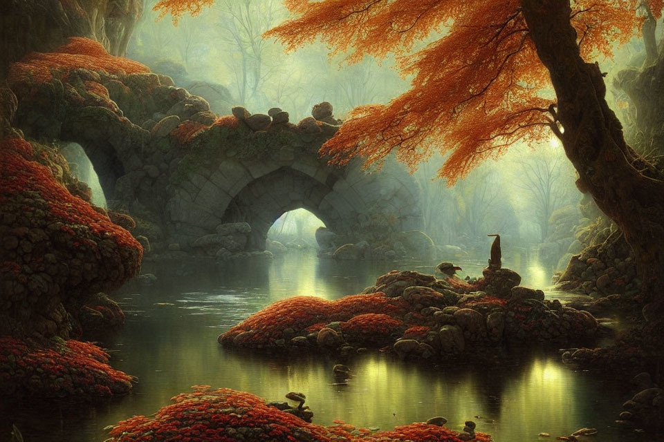 Tranquil autumn landscape with old stone bridge, red foliage, and calm river