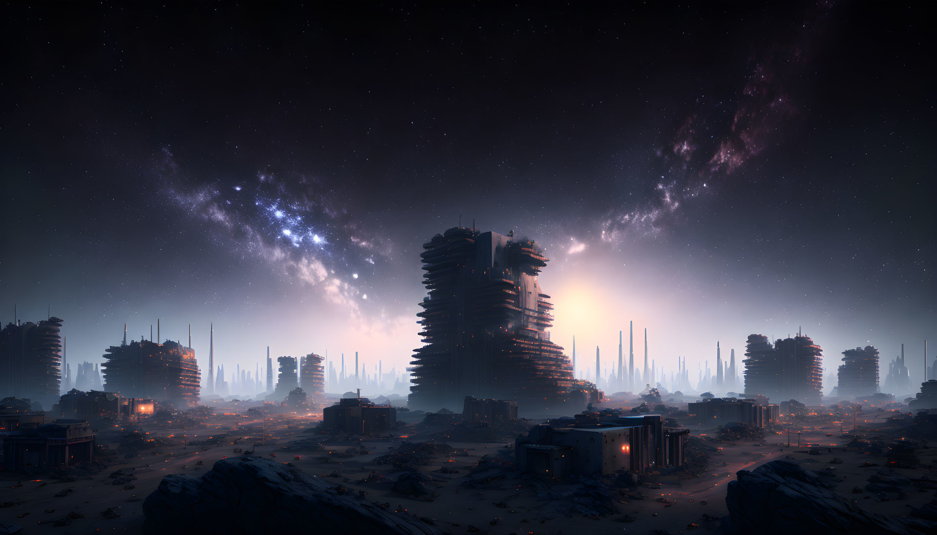 Futuristic cityscape with dilapidated skyscrapers under starry sky