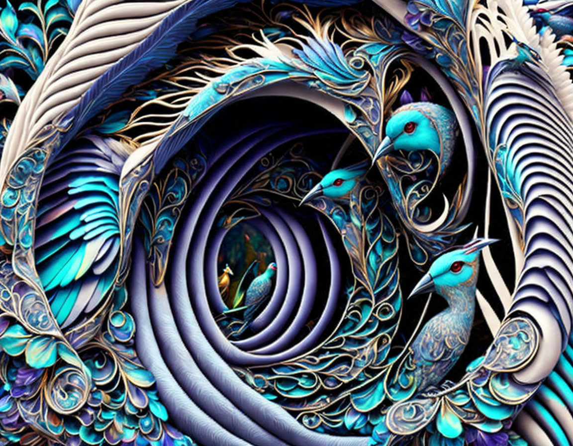 Colorful Peacock-Inspired Fractal Art in Blue, Teal, and Brown