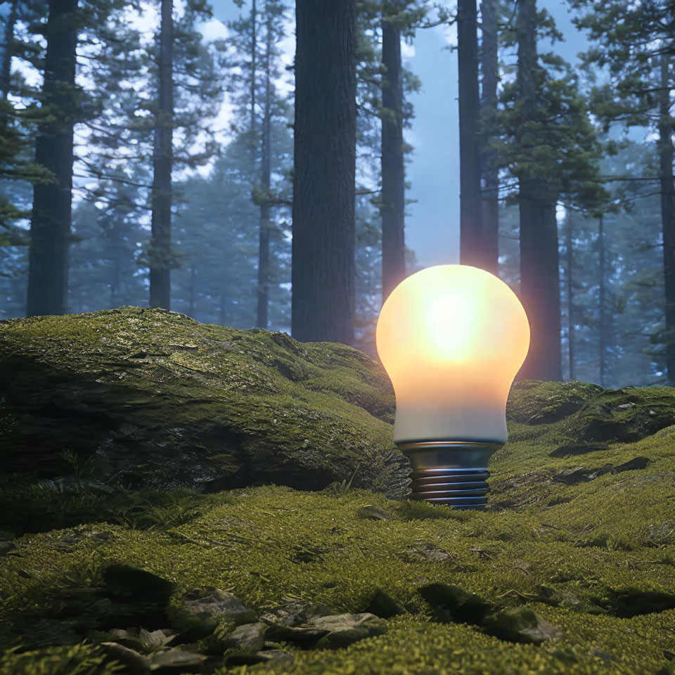 Glowing light bulb in moss-covered forest with tall trees